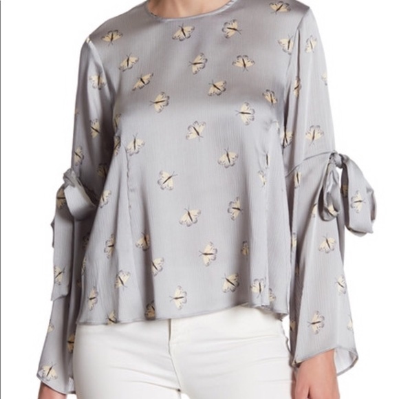 TOPSHOP Moth Print Tie Sleeve Blouse - Picture 2 of 6